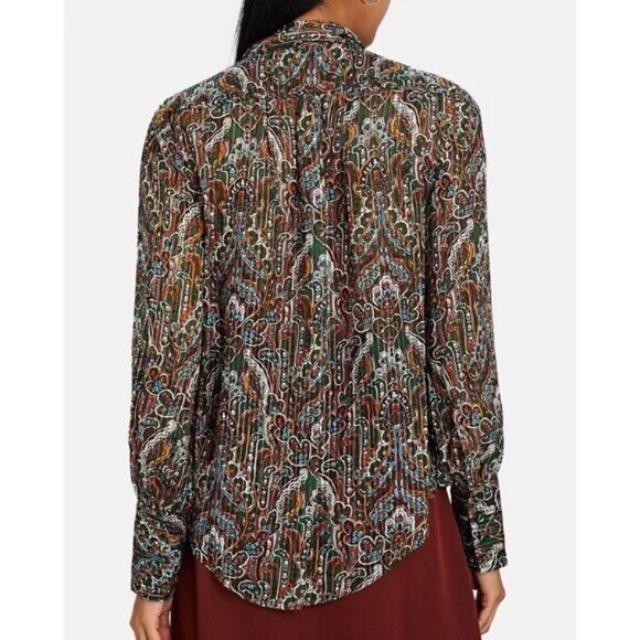 VERONICA BEARD SILK BLOUSE 2, Size Small, Zaylee Paisley Tie-Neck Green/Brown - Picture 6 of 7